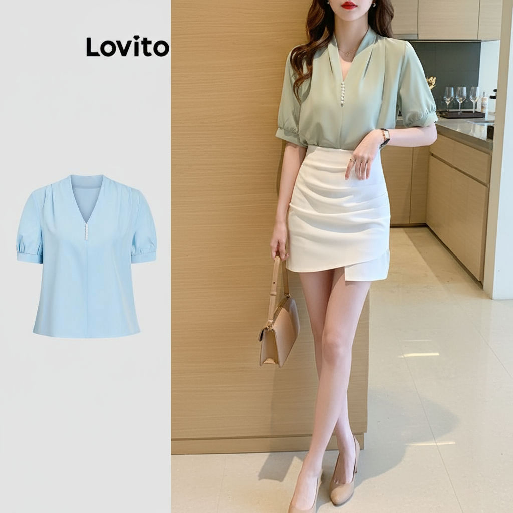 Lovito Blusa Feminina Elegante Lisa Com Decote V Pérolas LNE21154 (Multicolorido)\4