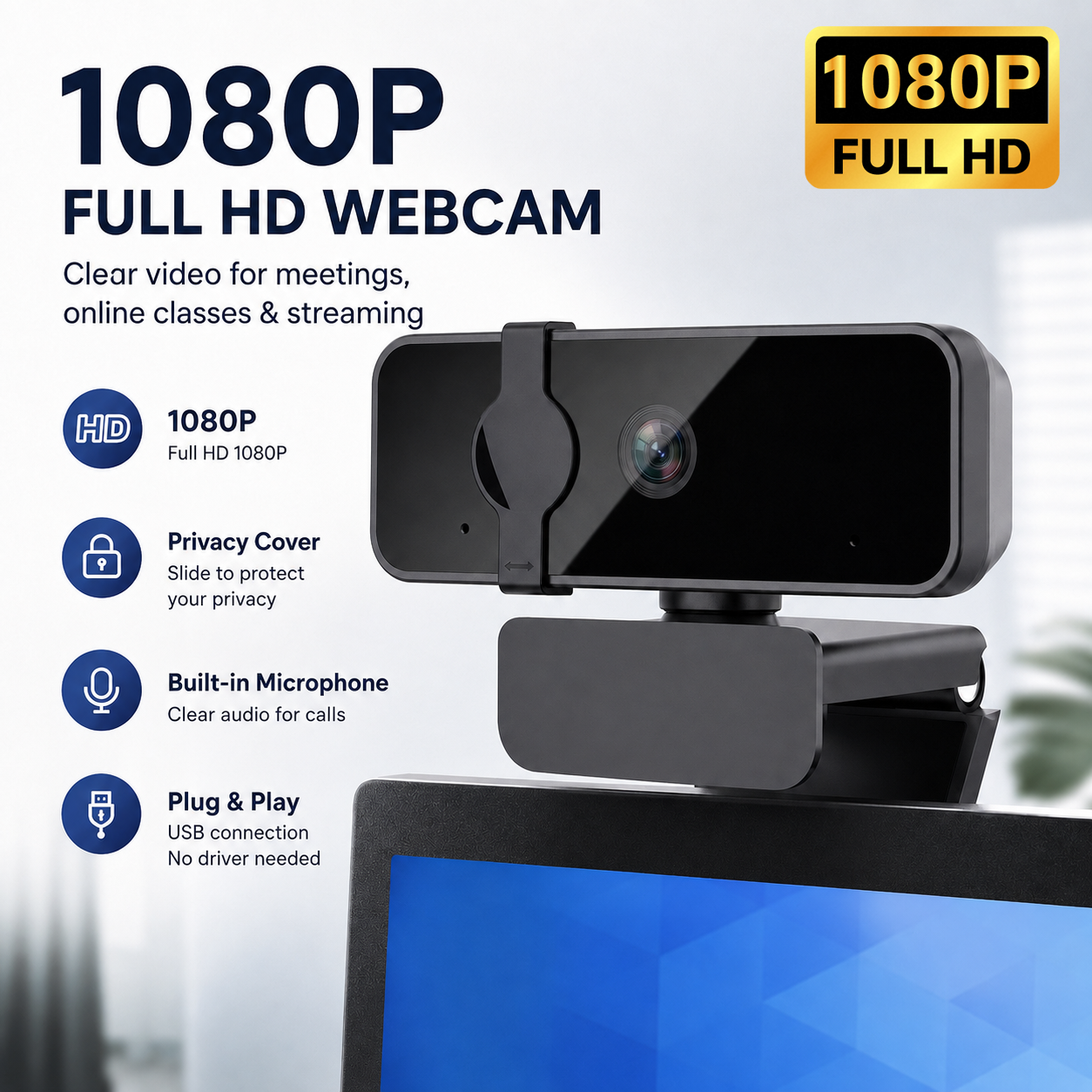 Câmera Web JCL 1080p Full HD para PC e Notebook, Plug & Play USB com Microfone, Tampa de Privacidade para Reuniões,