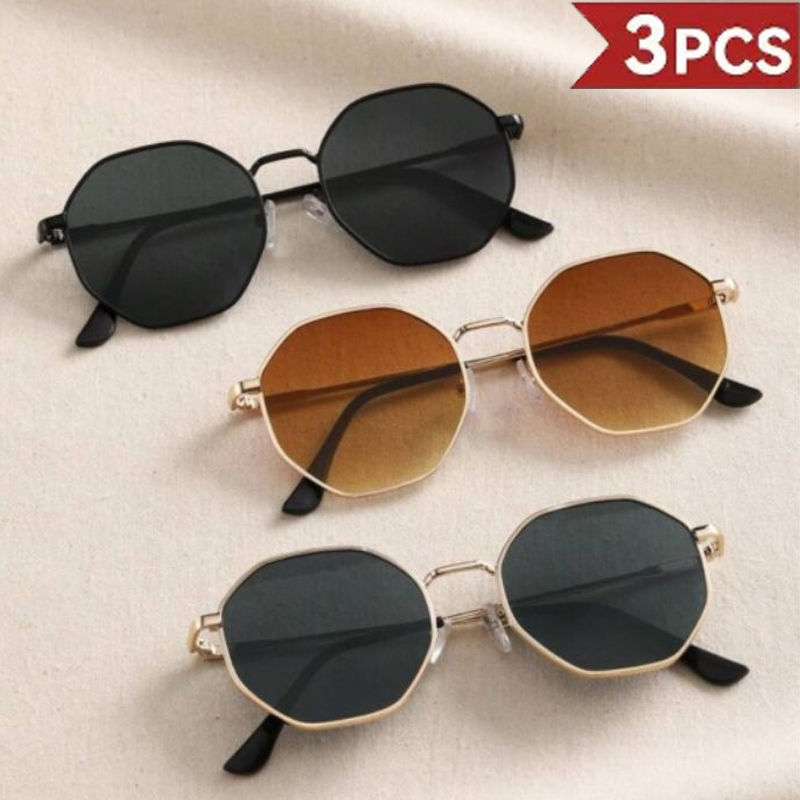 Moda 3 Pacotes Hexagonais De Armação Completa Óculos De Sol Retrô Metal Unissex