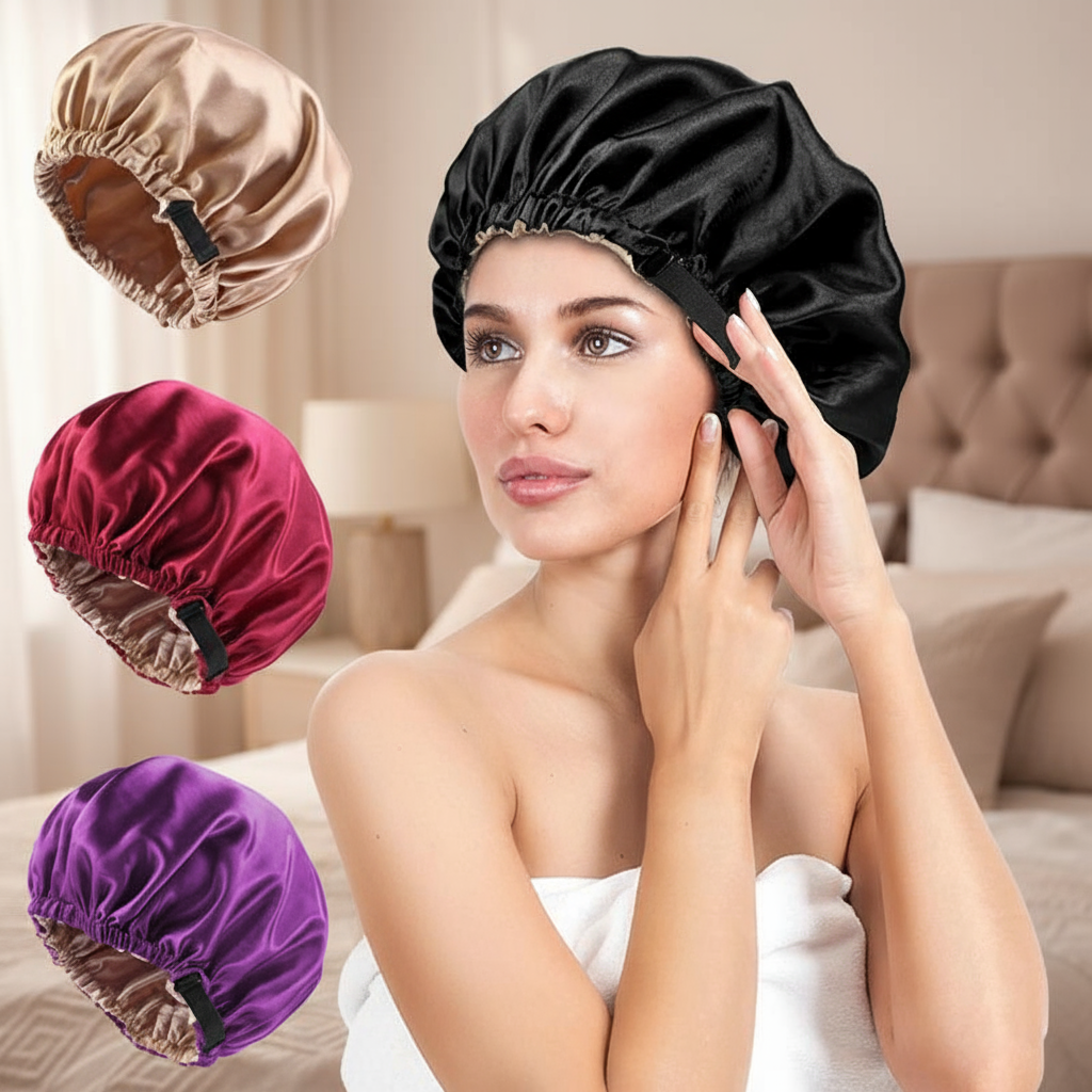 Touca de Seda de Cetim Feminina - Gorro Ajustável para Cabelos Naturais e Cacheados, Uso de Beleza e Cuidado com o