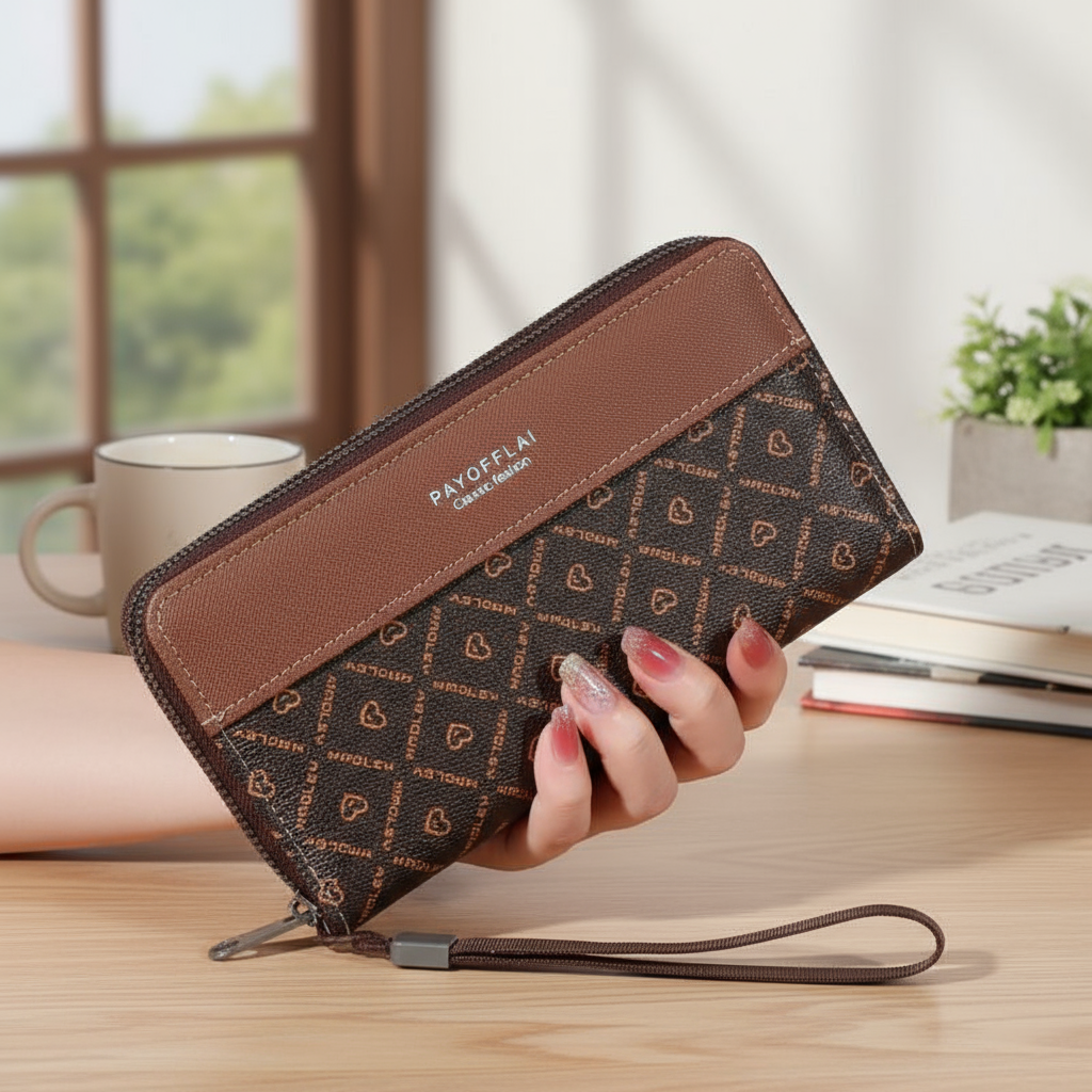 Carteira de Couro Feminina, Bolsa de Mão para Negócios, Duplo Zíper, Clutch para Celular, Porta Cartão de Crédito