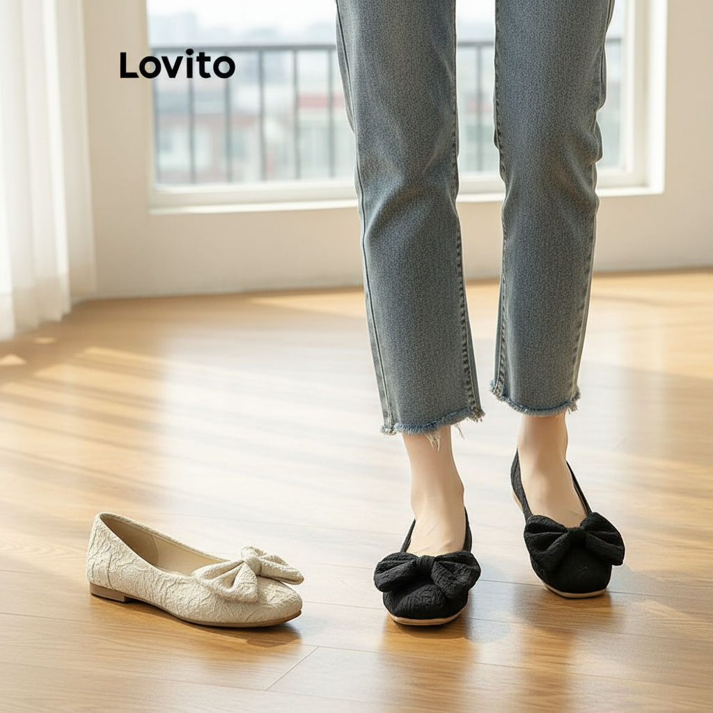 (Trendy2) Lovito Casual Liso Arco Plissado Versátil Fundo Macio Antiderrapante Balé Plano Para Mulheres LFA59322 em Oferta na Shopee