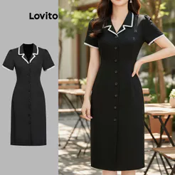 Lovito Vestido Feminino Elegante Botão Liso e Encadernação Contrastante L104ED692