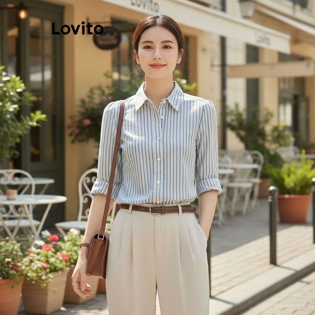 (Trendy2) Lovito Blusa Casual Listrada Com Listras Laterais Para Mulheres LNE62368 em Oferta na Shopee