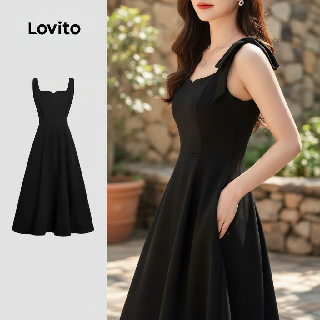 Lovito Vestido Casual com Bolso e Amarração, Vestido Feminino Preto Verão/Primavera L134ED498 em Oferta na Shopee