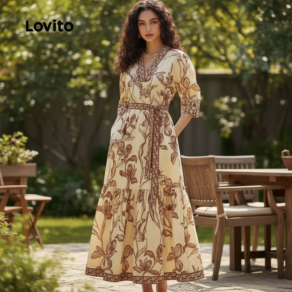 Lovito Vestido Feminino Floral com Cinto, Costura, Ideal para Verão e Primavera, Cor Marrom, Modelo Elegante LBL25104 em Oferta na Shopee