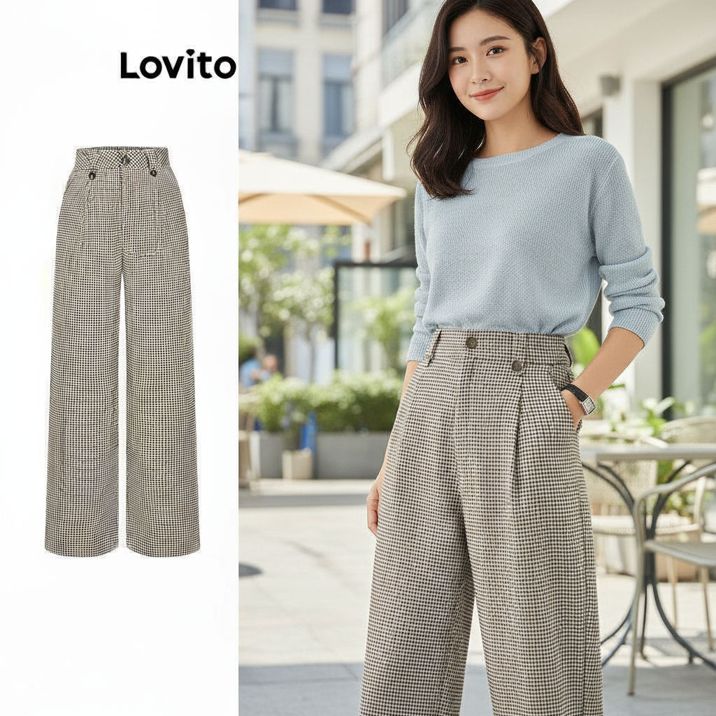 Lovito Calça Feminina Casual Estampada Gingham com Botão L70AD049 em Oferta na Shopee