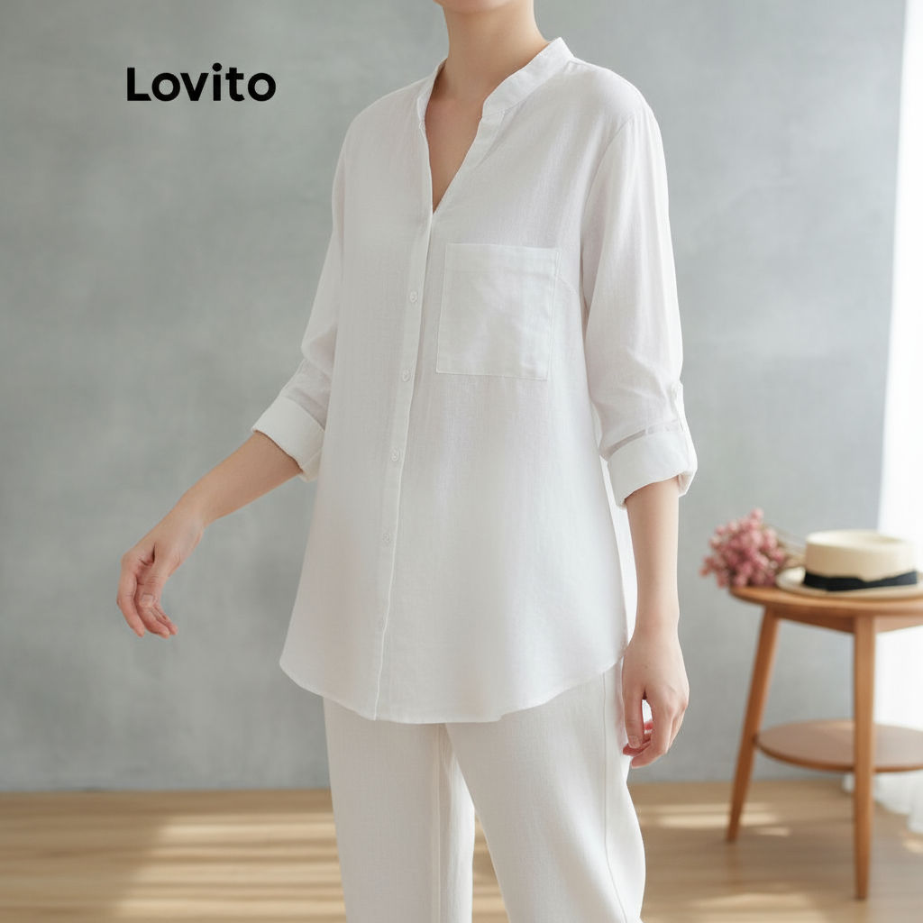 Lovito Camisa Feminina Manga Longa com Bolsos Botões Frontais LEX01059 (Multicolorida) em Oferta na Shopee