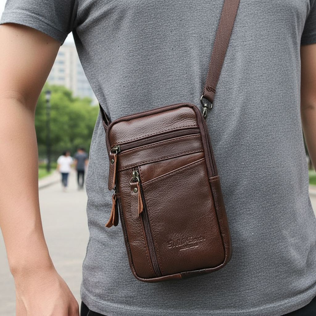 Mini bolsa de peito de couro masculina - Estojo multifuncional para celular de corpo cruzado e carteira de ombro