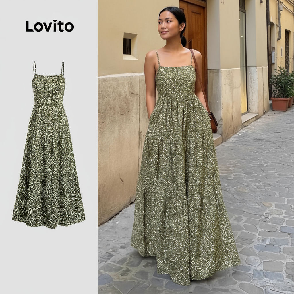 Lovito Vestido Boho com Babado Na Bainha Alça Ajustável para mulheres em Oferta na Shopee