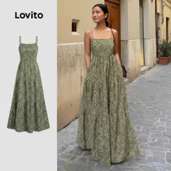 Lovito Vestido Férias com Babado Na Bainha Alça Ajustável para mulheres