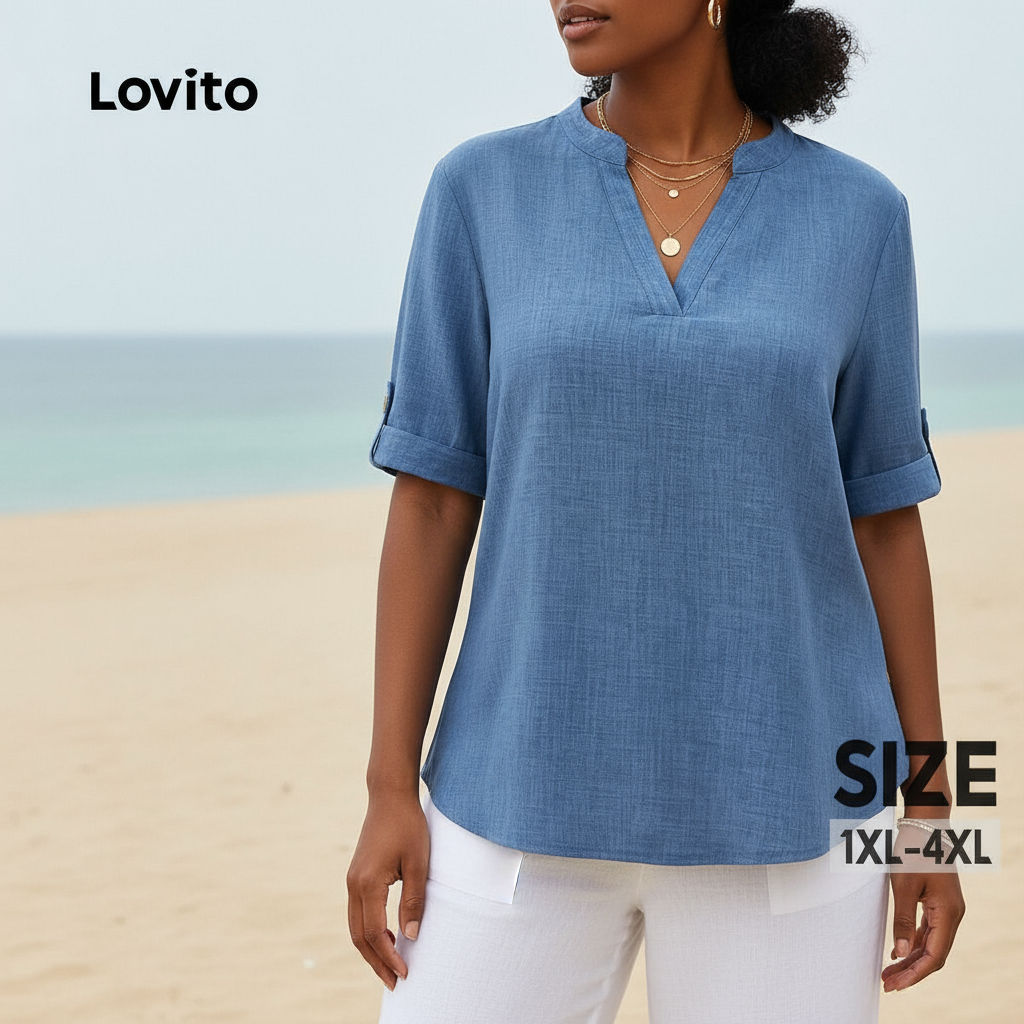 (Trendy2) Lovito Blusa Curva Plus Size Casual Blusa Básica Com Botão Liso Para Mulheres LBL18309 em Oferta na Shopee