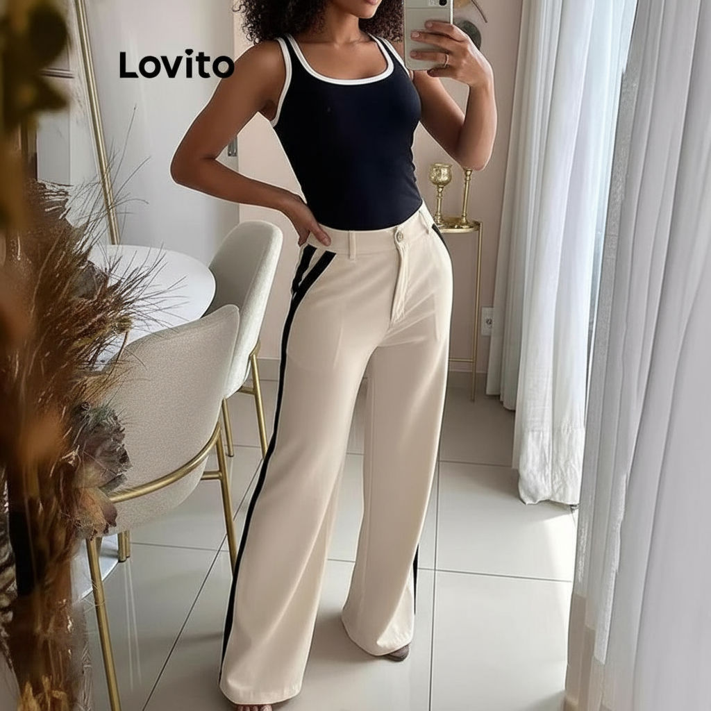 Lovito Conjunto de Calças Femininas Elegantes com Amarração e Contraste Liso LNL67157 em Oferta na Shopee