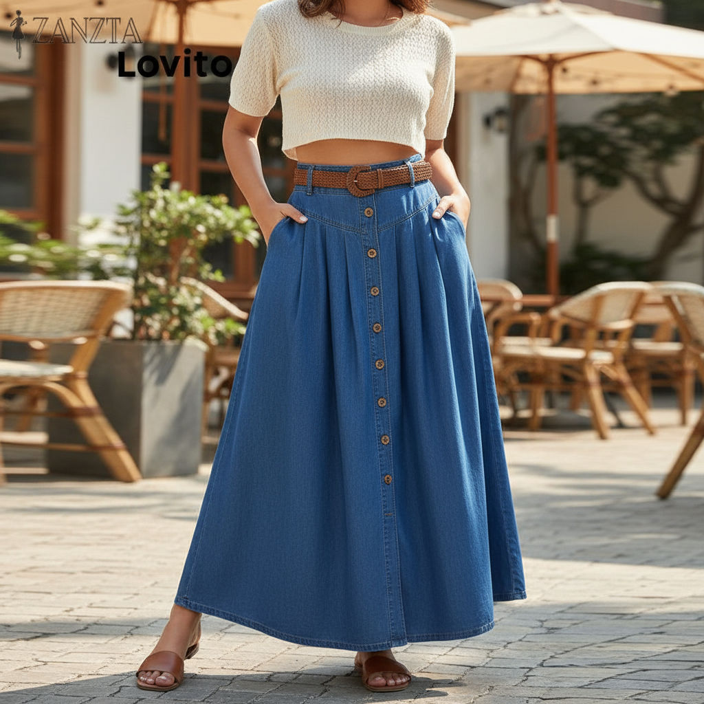 Lovito Saia Feminina Plus Size Lisa Botão Casual Curva LNL83250 em Oferta na Shopee