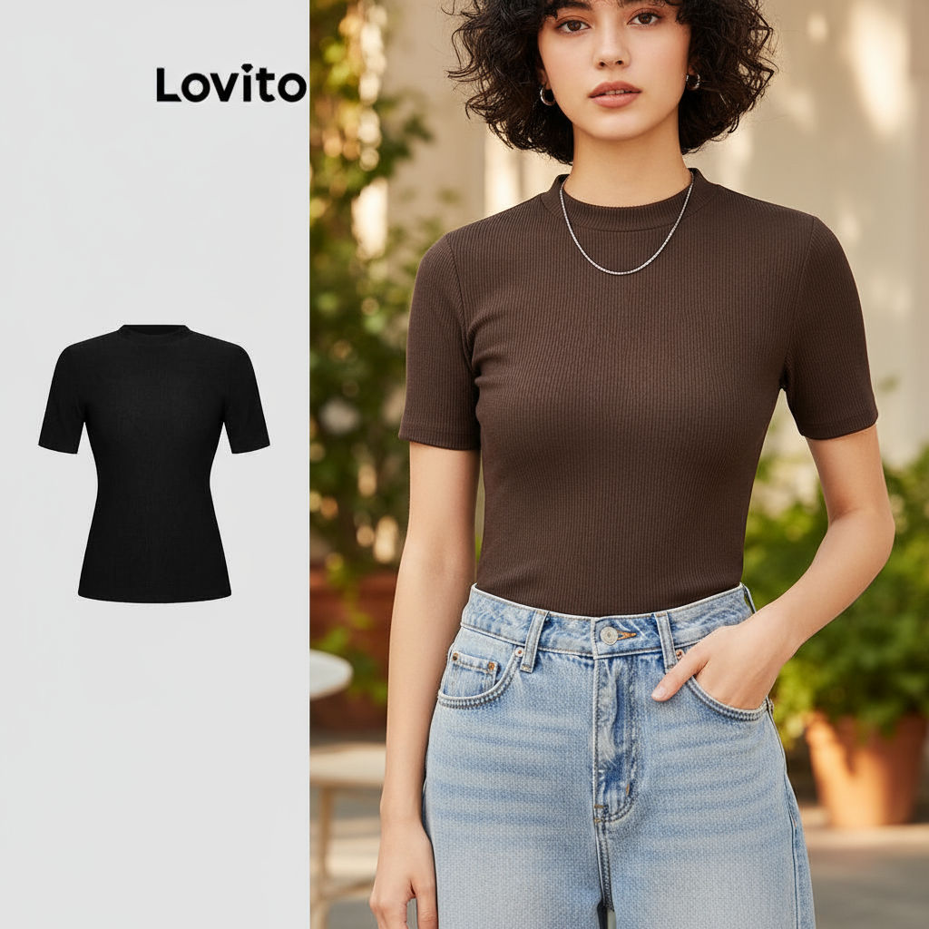 Lovito T-shirt Casual Lisa Colarinho Reto L30ED021 Marrom em Oferta na Shopee