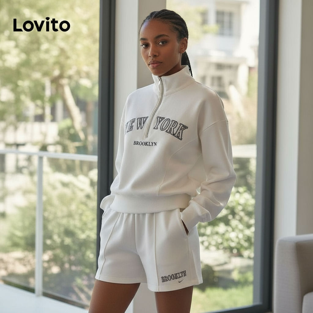 Lovito Blusas ou calças femininas casuais com estrutura de letras e bolso com zíper LBL11125 em Oferta na Shopee