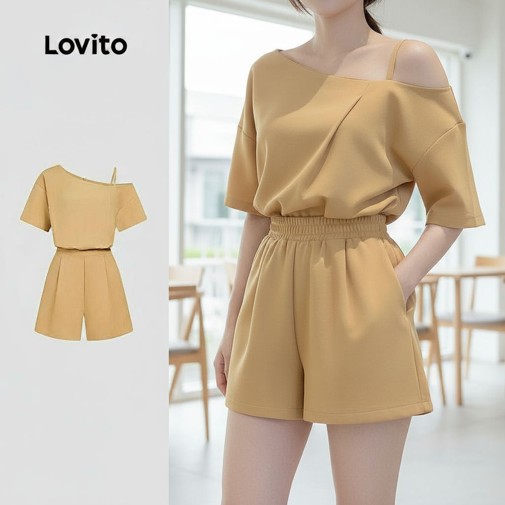 Lovito Macacão Feminino Casual com Ombro à Mostra, Caqui, Primavera/Verão, L142LD481 em Oferta na Shopee
