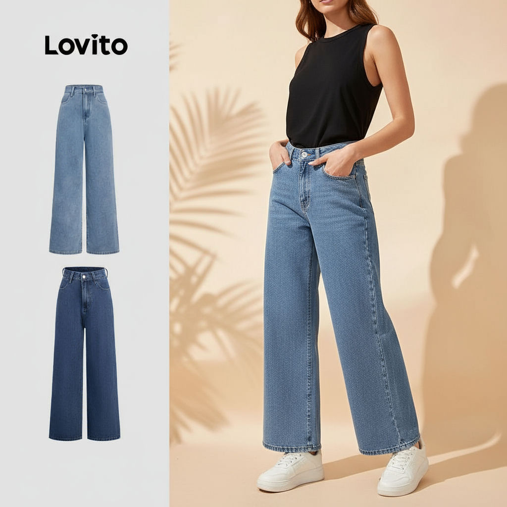 Lovito Calça Jeans Feminina Casual com Bolsos Lisas L118ED181 em Oferta na Shopee