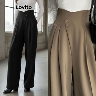 Lovito Calças Femininas Sofisticadas com Bottoão Liso e Bolsos Drapeados, Referência L71ED109 (Cáqui/Preto) em Oferta na Shopee