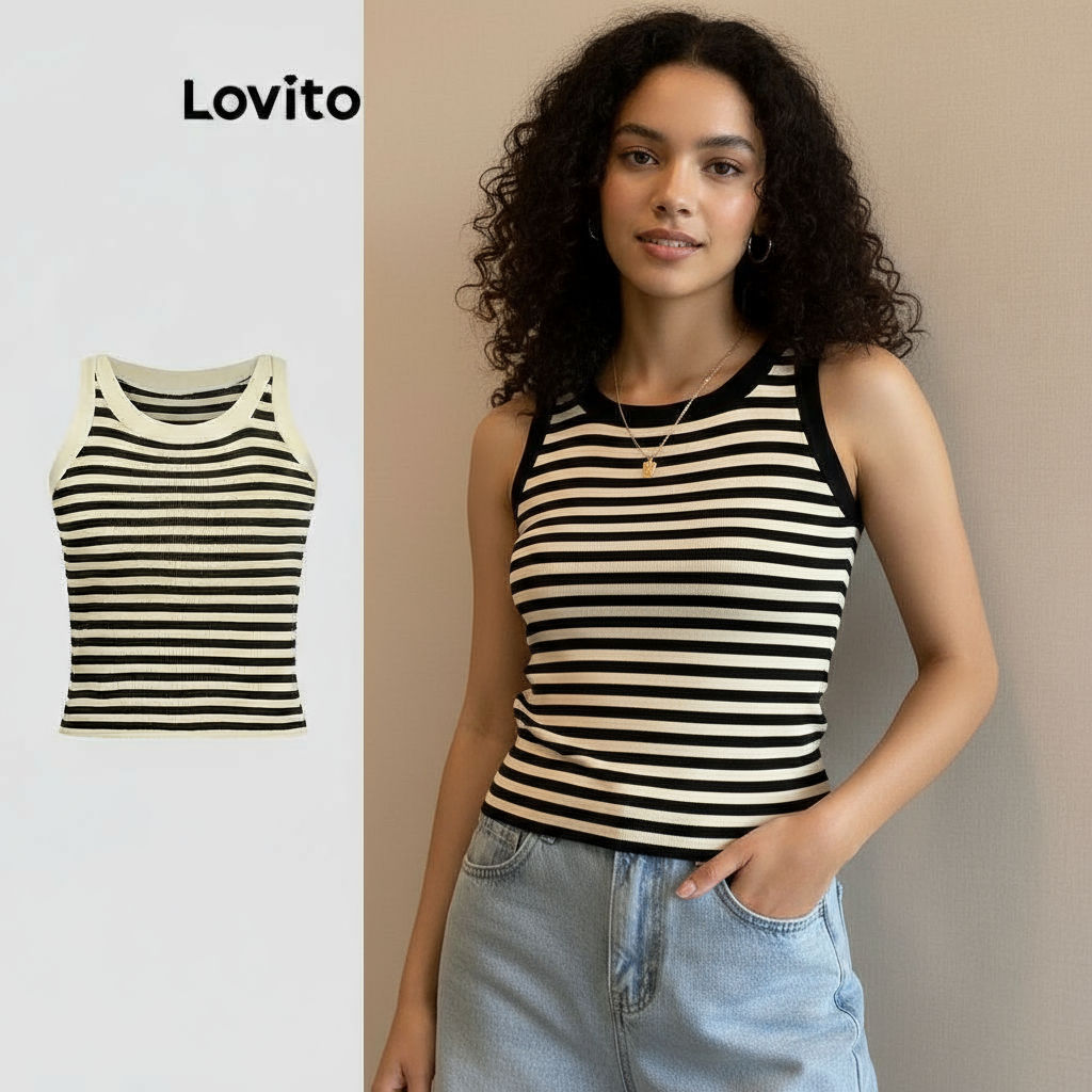 Blusa Regata Feminina Casual Listrada Gola Redonda Sem Mangas Lovito LNE06100 em Oferta na Shopee