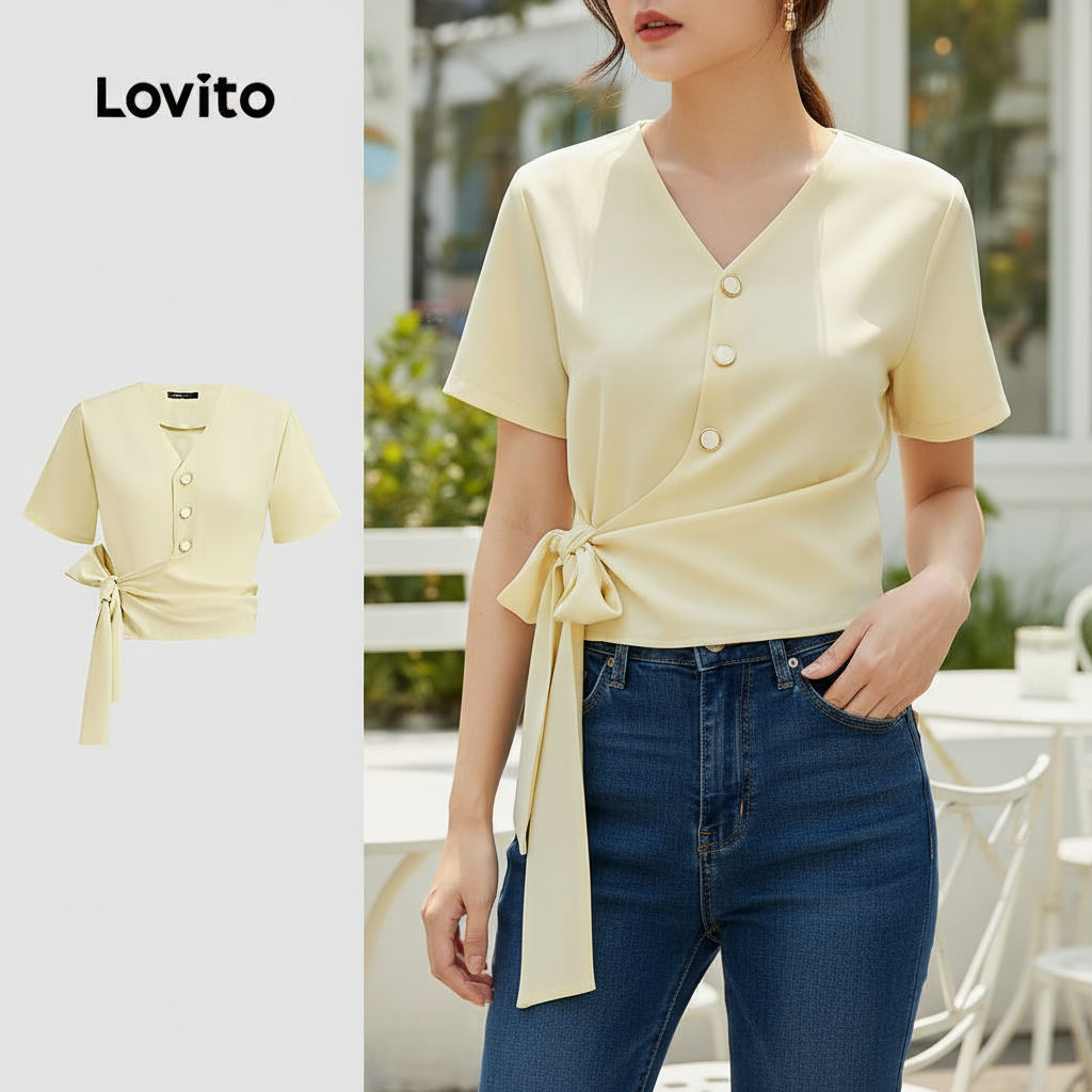 Lovito Blusa Feminina Casual com Cadarço, Botão e Laço para Verão/Primavera L129AD1033 em Oferta na Shopee