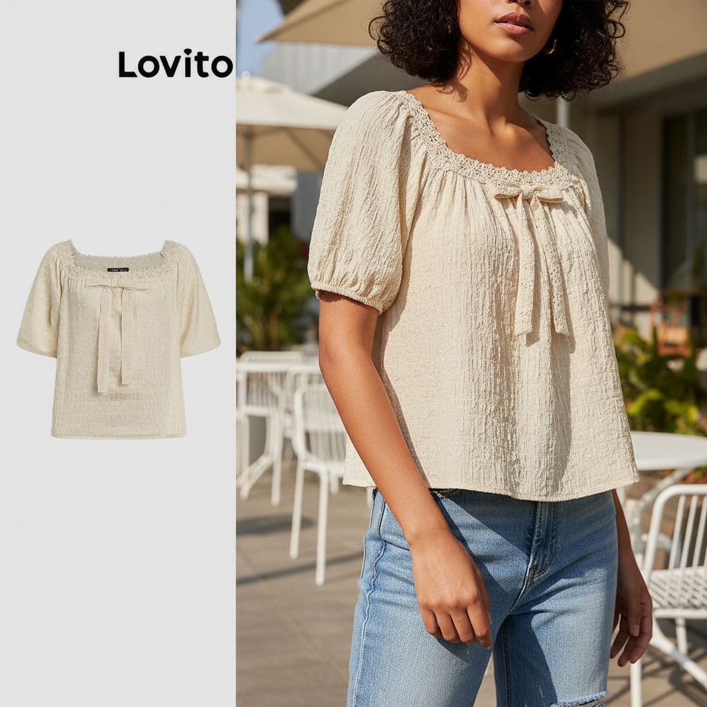 Lovito Blusa Feminina de Renda com Gola Quadrada e Malha Lisa em Contraste LNE19122 (Damasco) em Oferta na Shopee