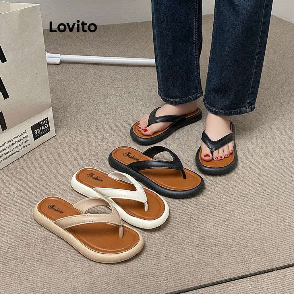 Lovito Sandália plana feminina casual antiderrapante, lisa, colorida, ideal para uso externo, modelo LFA70158 em Oferta na Shopee