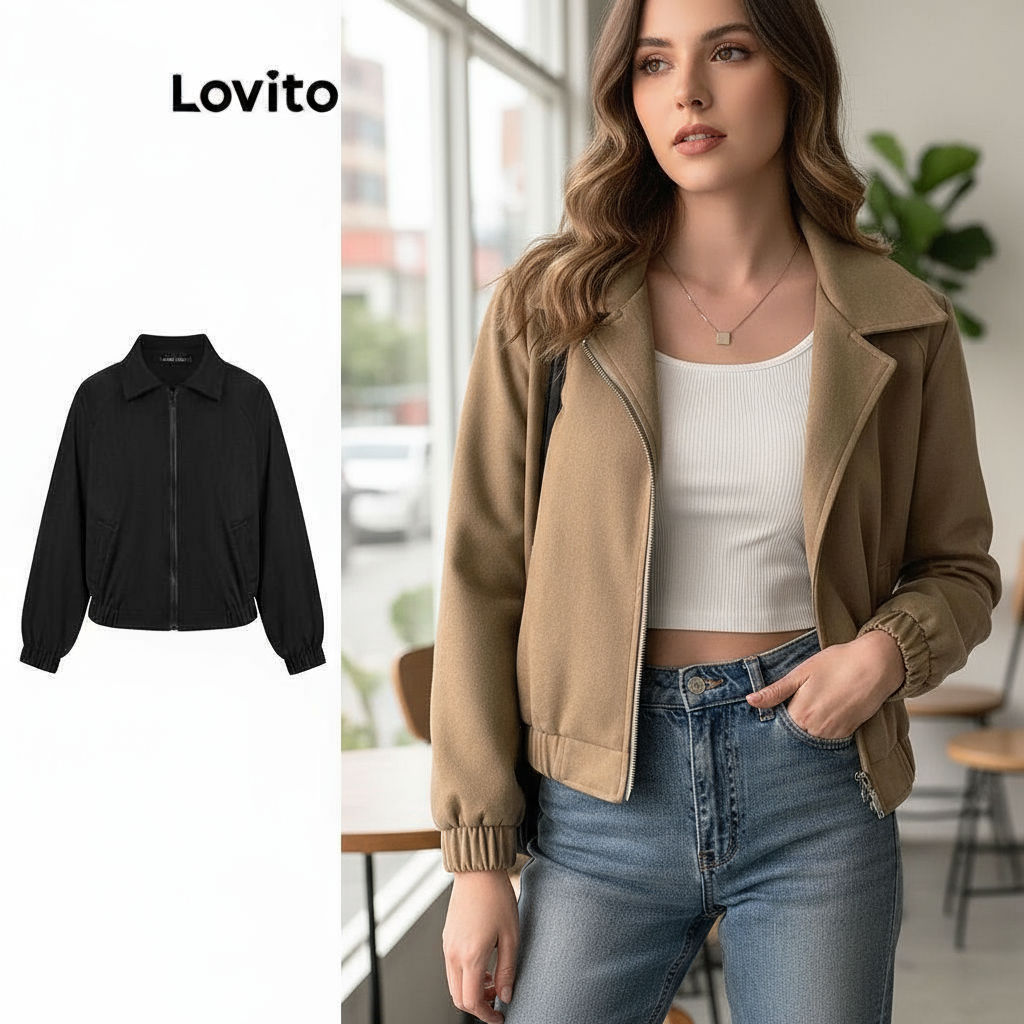 Lovito Jaqueta Feminina Casual com Zíper Lisa Cor Marrom LNE30129 em Oferta na Shopee