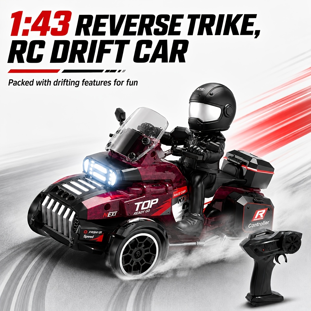 Carro Mini RC 1:43, Trike Drift 3WD, Moto de Controle Remoto 2.4GHz com 3 Modos de Drift, Luzes LED, Brinquedo para