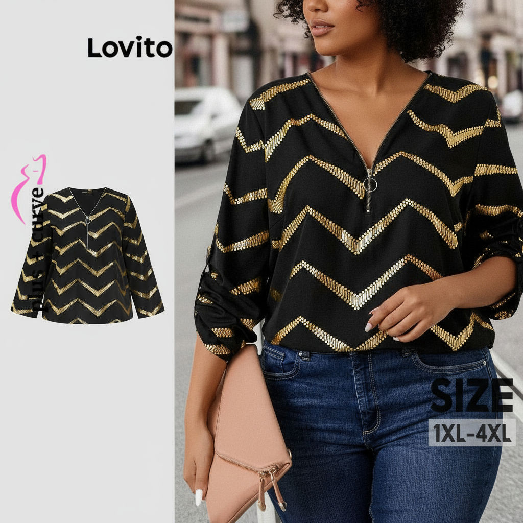 Blusa Feminina Plus Size Elegante com Zíper Geométrico, Verão/Primavera - Lovito LBL18297 em Oferta na Shopee