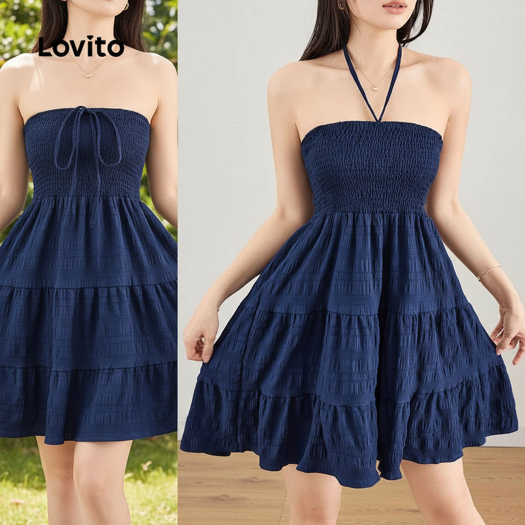 Lovito Vestido Feminino Casual Liso com Amarração em Oferta na Shopee