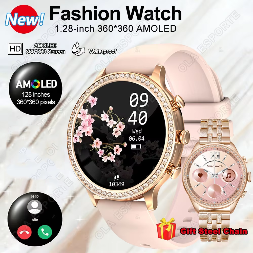 Smartwatch Relógio Inteligente Feminino AMOLED Tela HD Gerenciamento De Saúde Custome Watchfaces Bluetooth Chamadas Espo