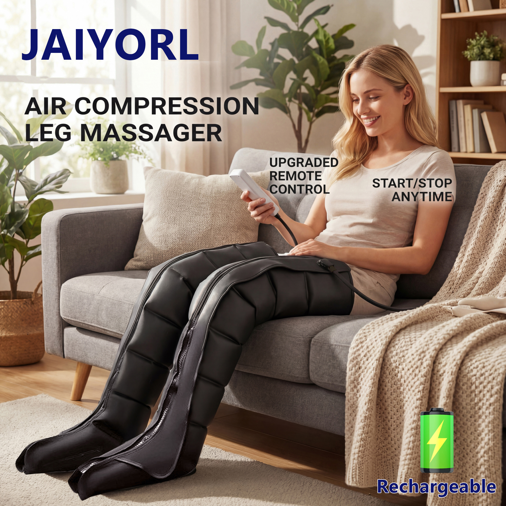 JAIYORL Massageador de Pernas Recarregável para Alívio da Dor por Circulação, Compressão de Ar, Recuperação, Redução da