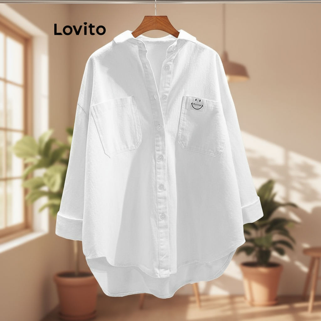 Lovito Blusa Feminina Casual Lisa com Botão e Bolso Frontal - Branco, Rosa, Azul em Oferta na Shopee