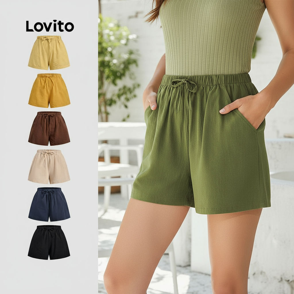Lovito Shorts Femininos de Verão com Amarração na Frente e Cintura L02062 em Oferta na Shopee