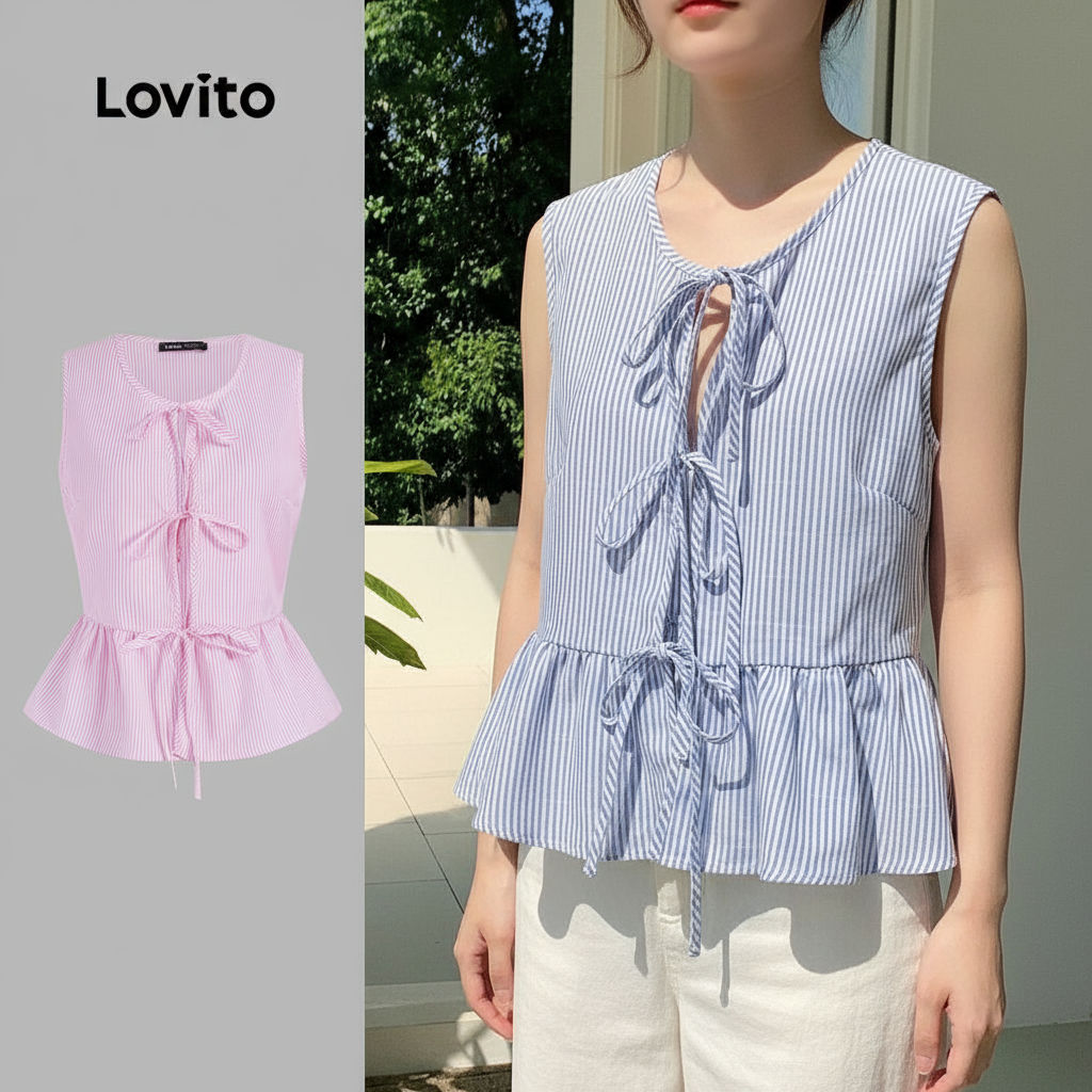 Lovito Regata Feminina Casual Listrada com Laço Frontal para Primavera/Verão L106AD080 em Oferta na Shopee
