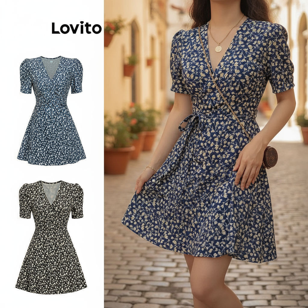 Lovito Vestido Feminino Casual Estampa Floral Wrap para Verão e Primavera L80ED279