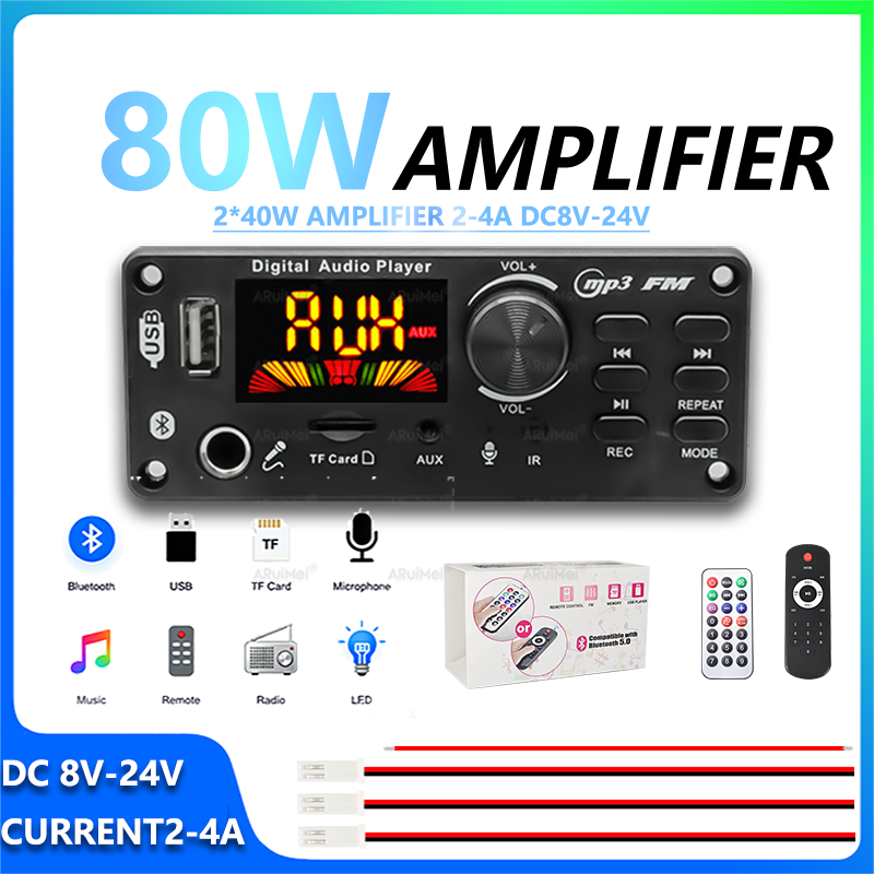 Placa Amplificadora Bluetooth 2x40W Estéreo MP3 FM USB TF AUX Decodificador De Karaokê Com Entrada De Microfone Gravação