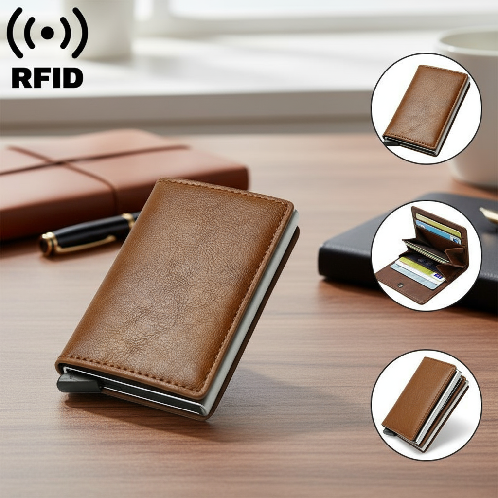  Carteira Masculina com Proteção RFID, Carteira de Couro Slim, Porta-Cartões Mini, Estojo Fino e Minimalista para