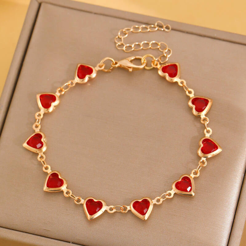 Pulseira de joias acessório de aço inoxidável na cor vermelha com coração de pedra preciosa, ajustável em comprimento, — imagem 1