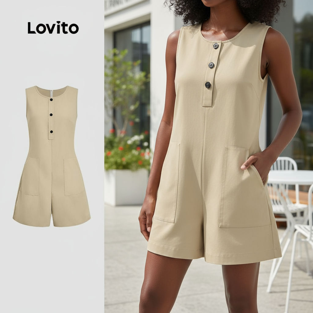 Lovito Macacão Feminino Casual com Botões e Bolsos Primavera/Verão Caqui L137ED067 em Oferta na Shopee