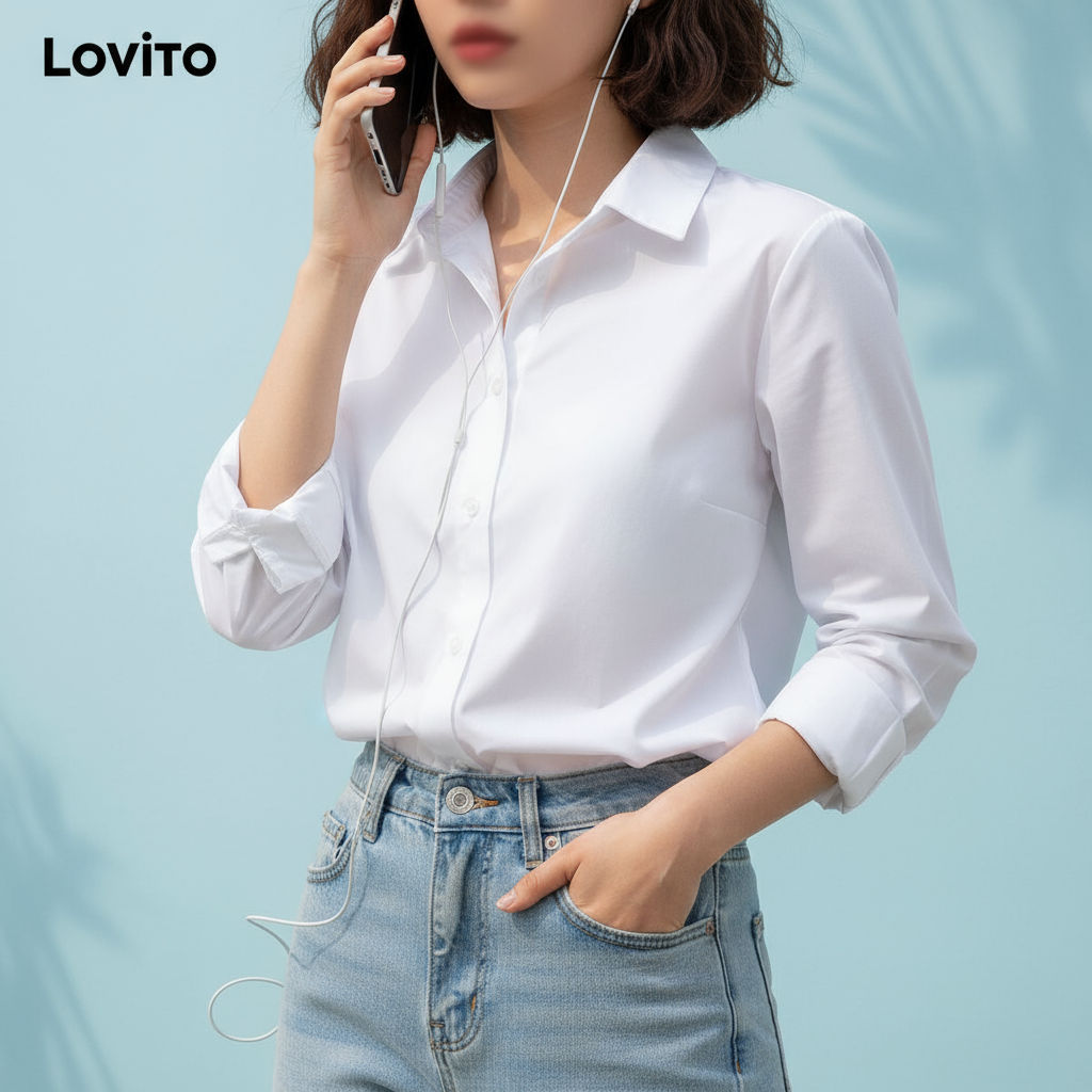 Lovito Blusa Feminina Básica de Verão/Primavera com Botão Frontal Casual LNE43603 em Oferta na Shopee