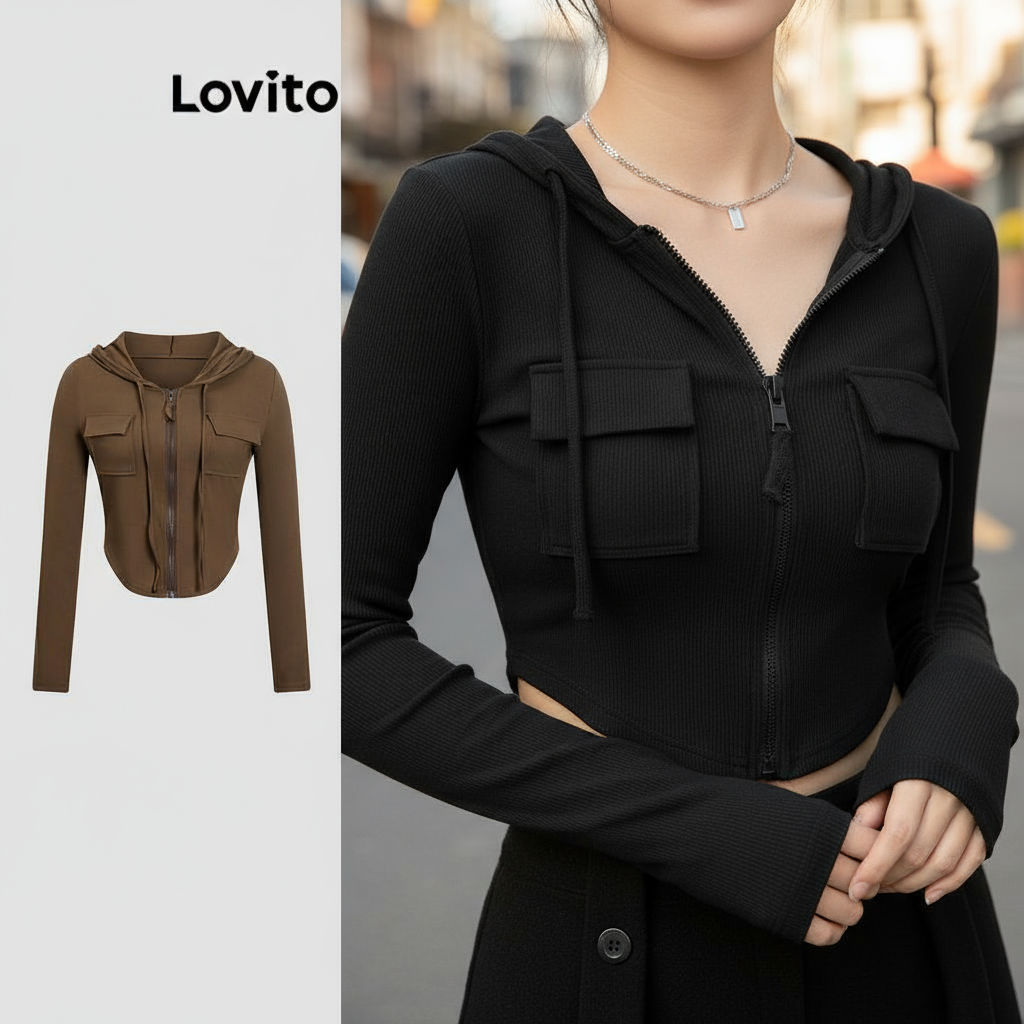 Lovito Blusa Casual Zíper Frontal Lisa Feminina LNE29373 (Marrom) em Oferta na Shopee