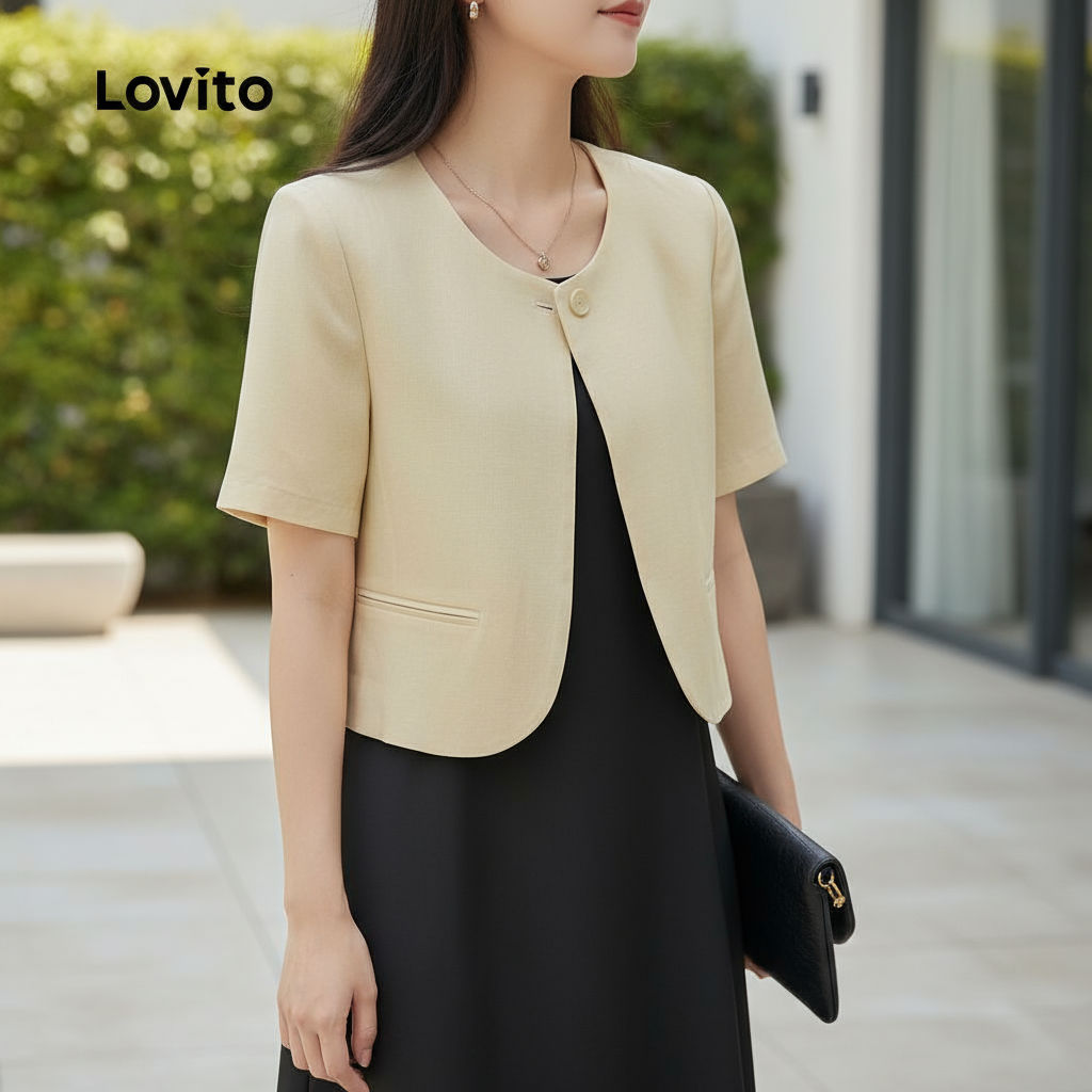 Lovito Blazer Social Feminino de Botão Liso Casual LNM69297 em Oferta na Shopee