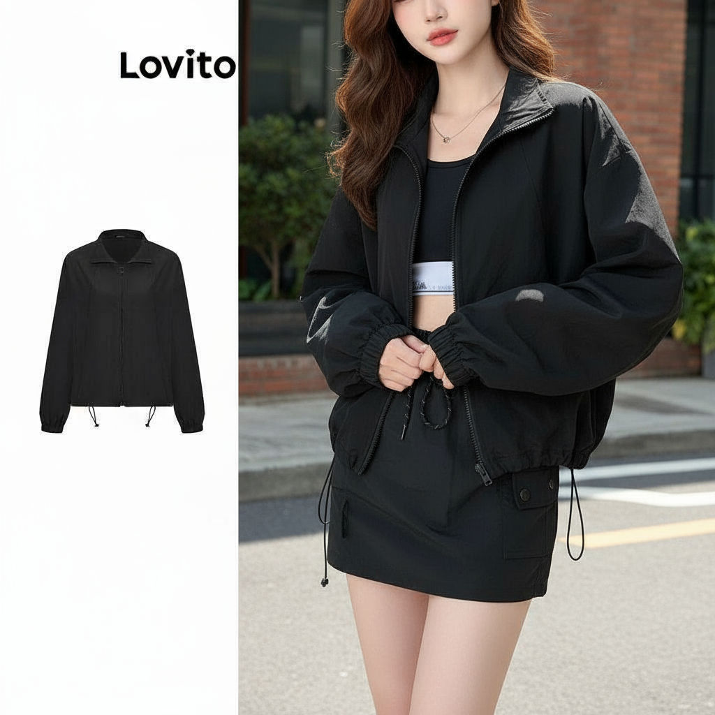 Lovito Casual Jaqueta Feminina Corta-Vento com Zíper Bolsos e Cordão Impermeável