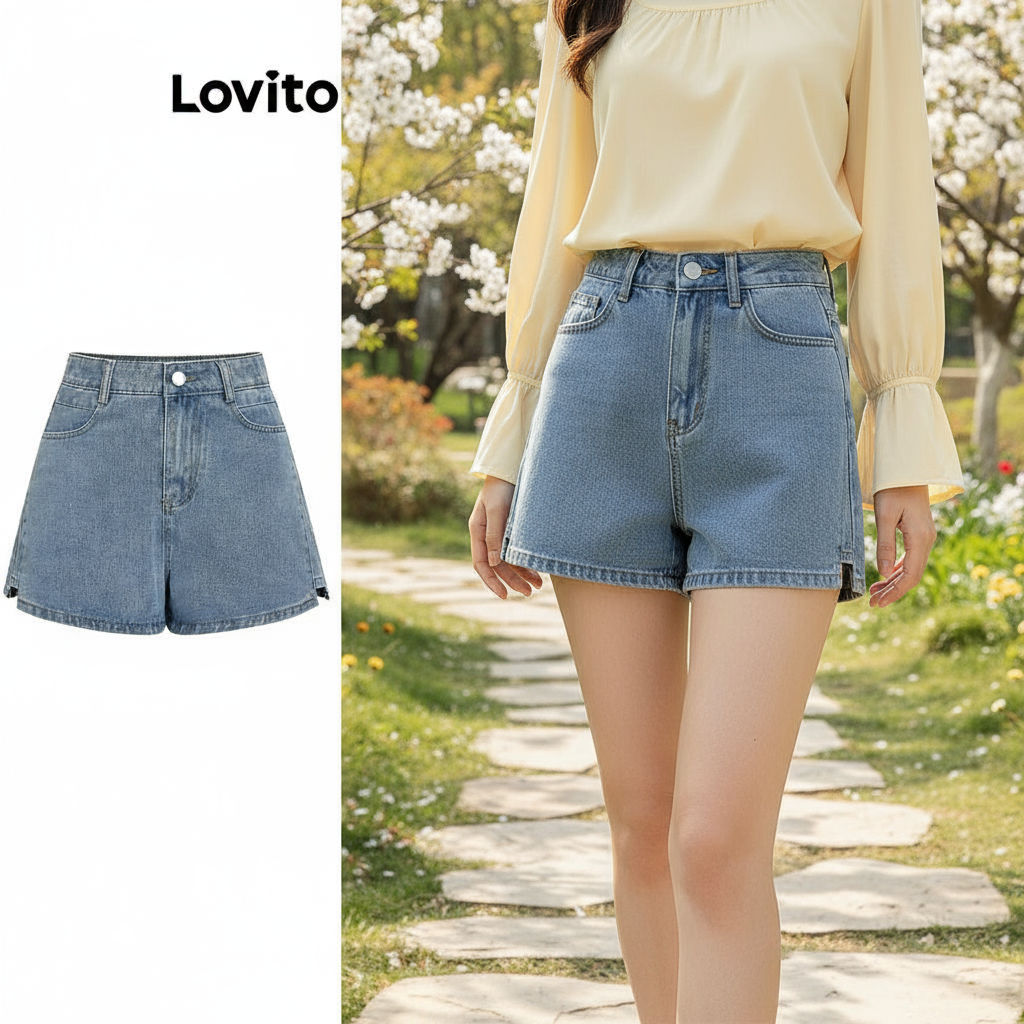 Lovito Shorts Jeans Femininos Casuais com Bolsos e Design Liso L68ed114 (Multicolor) em Oferta na Shopee