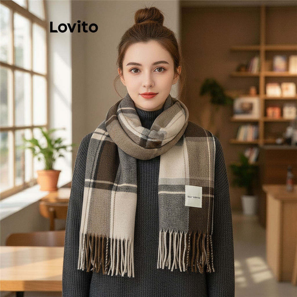 Lovito Lenço Feminino Casual Xadrez com Franjas para Outono/Inverno LNA32169 em Oferta na Shopee