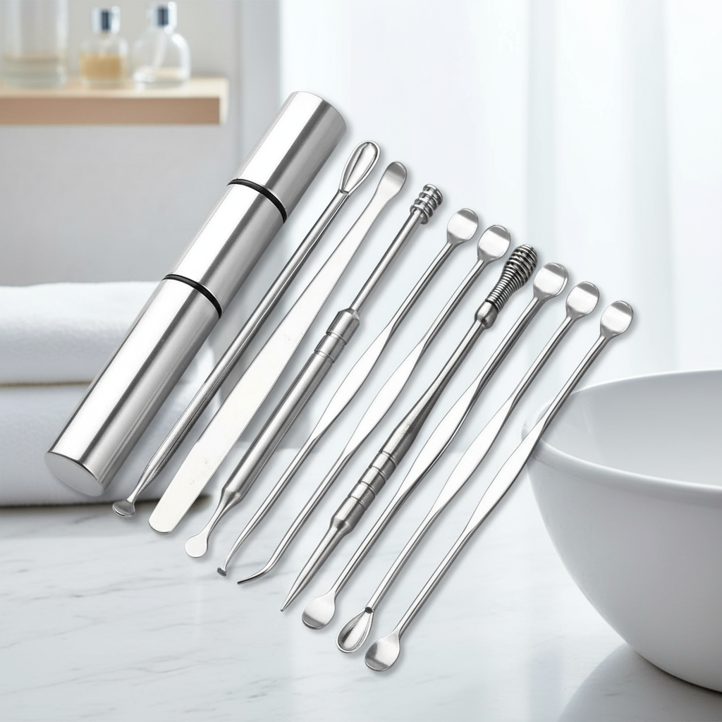 Conjunto de limpador de ouvidos feito de aço inoxidável, fácil remoção de cera com pontas para ouvidos, ferramenta