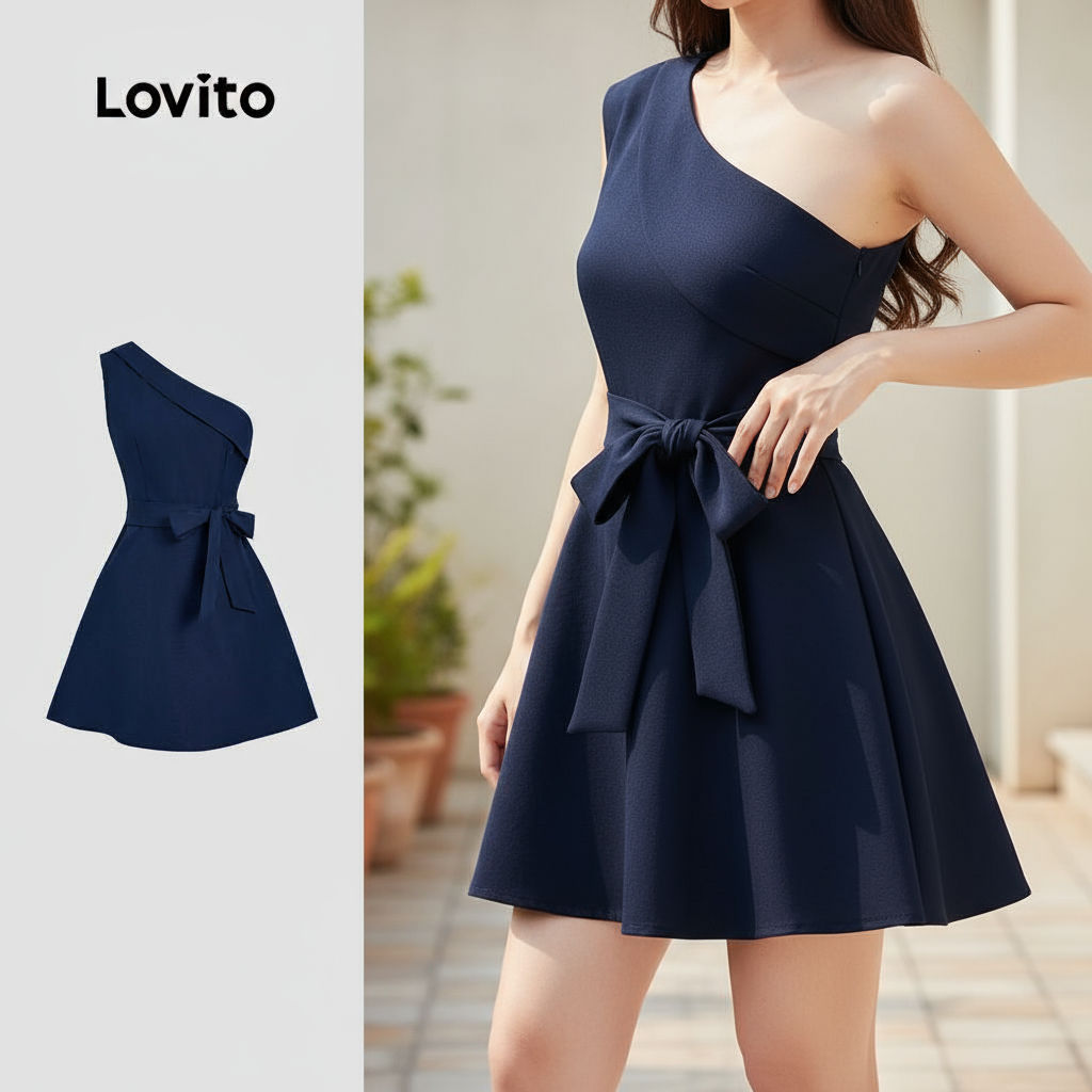 Lovito Vestido Casual com Zíper Assimétrico Azul Marinho para Mulheres - Primavera/Verão L143ED638
