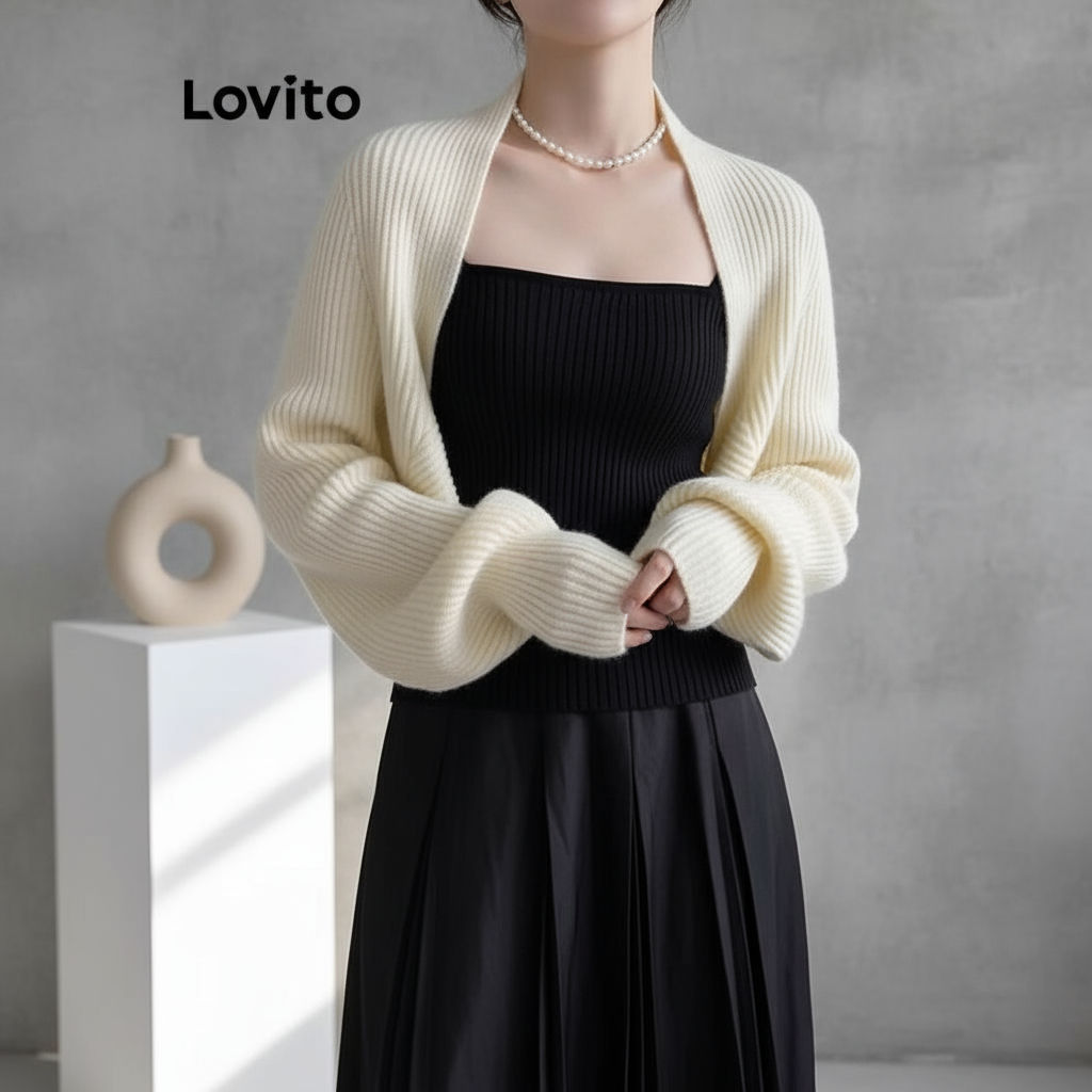 Lovito Cardigans Sofisticados Cardigans Básicos Sem Estampa Para Mulheres LNE37018 (Cáqui/Apricot/Preto) em Oferta na Shopee
